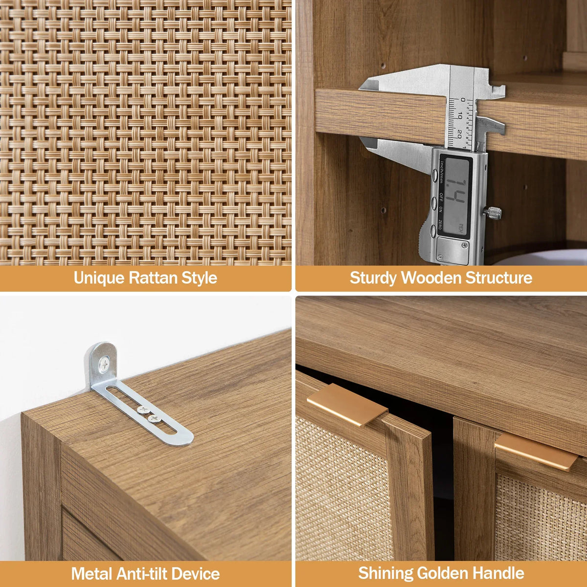 Rattan cabinet details with wooden frame, anti-tilt metal device, and gold handles.