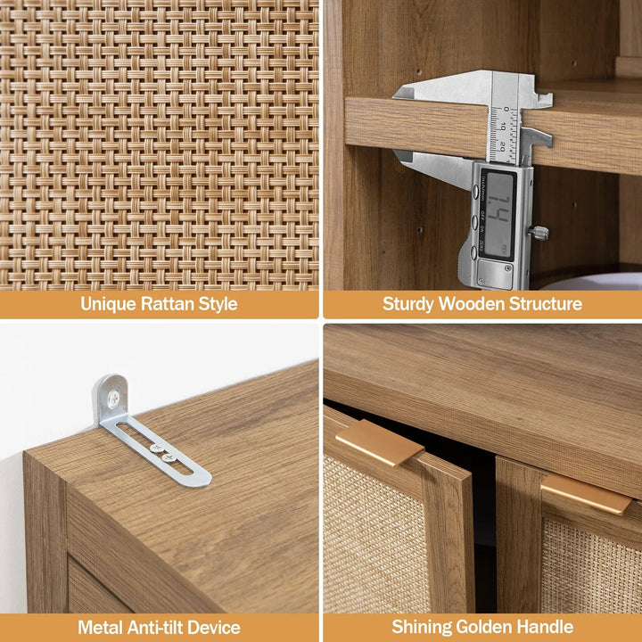 Rattan cabinet details with wooden frame, anti-tilt metal device, and gold handles.