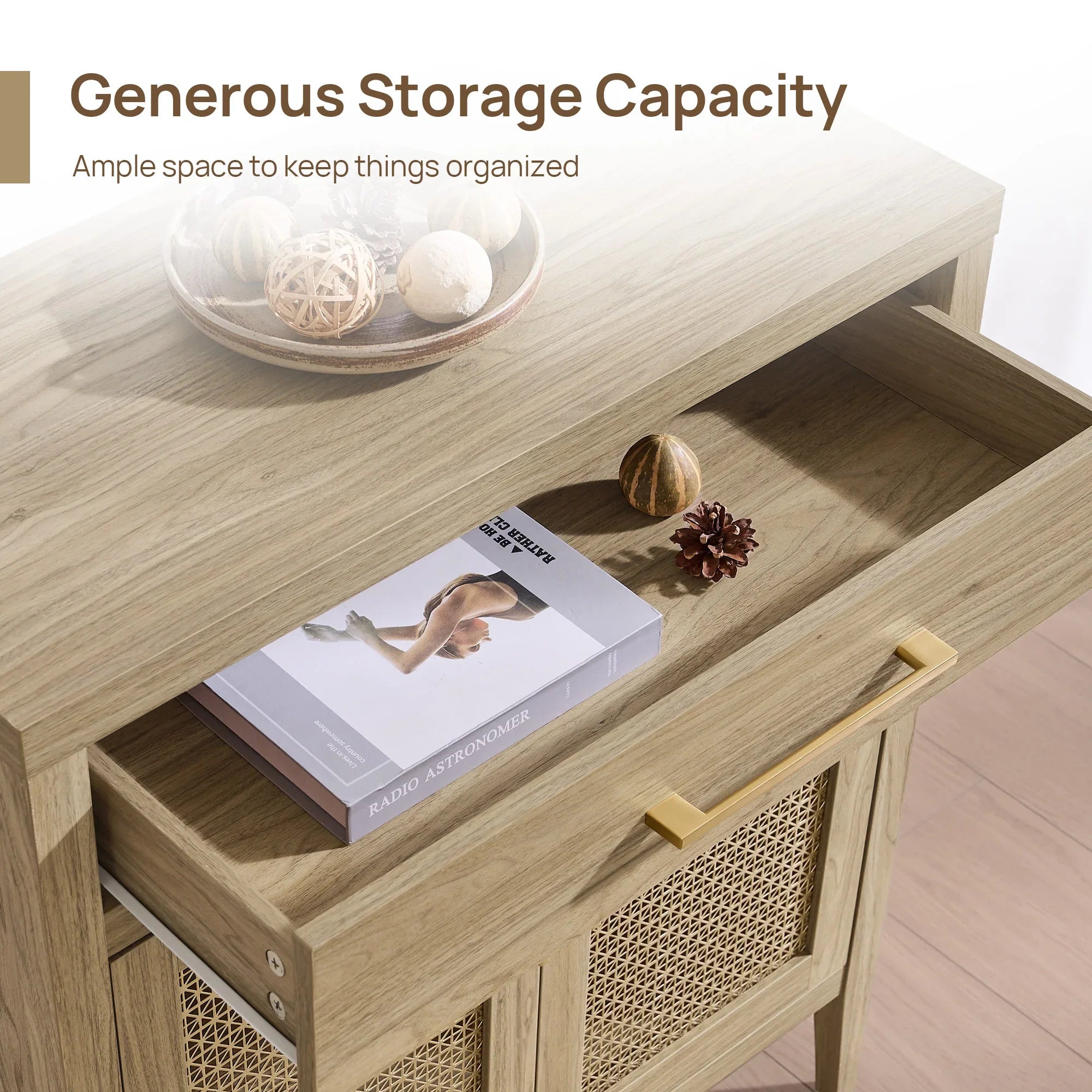 Wooden storage cabinet with open drawer, decor bowl, and book on top