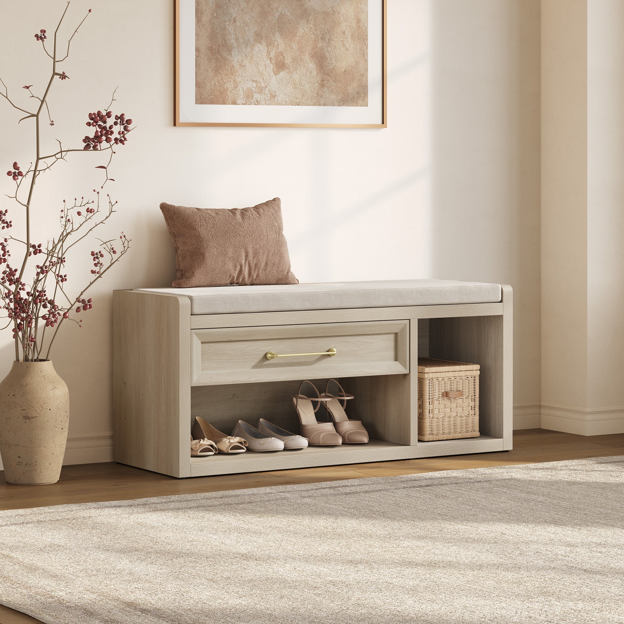 Helio Shoe Bench with Drawer, 40.6-Inch Wide