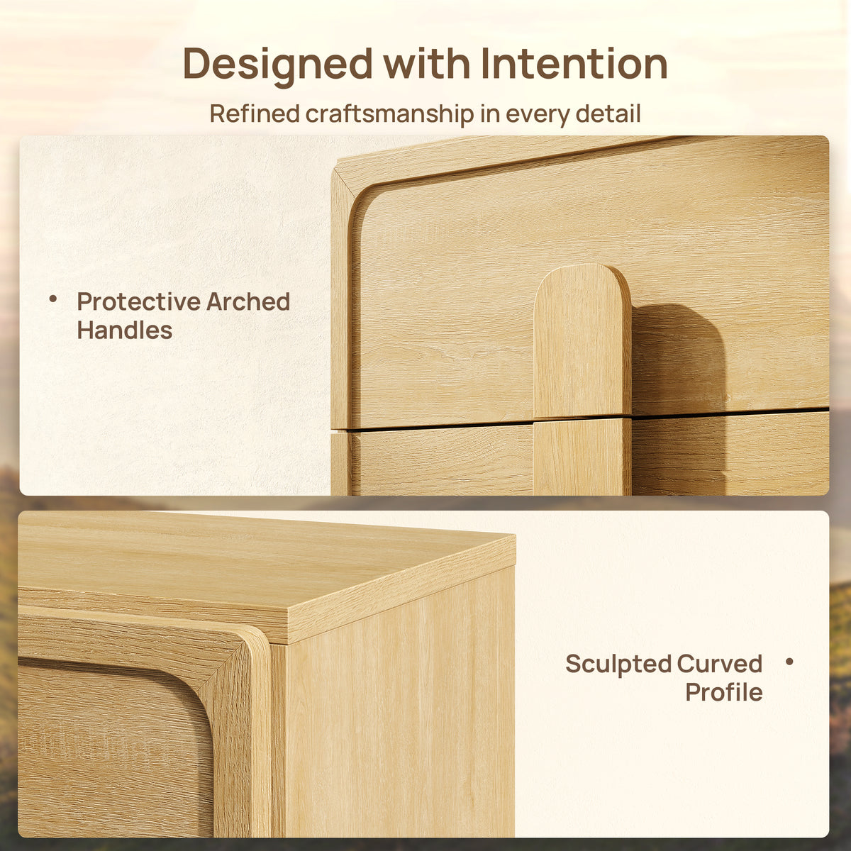 Arcus Nightstand with 3 Drawers, Arched Handles