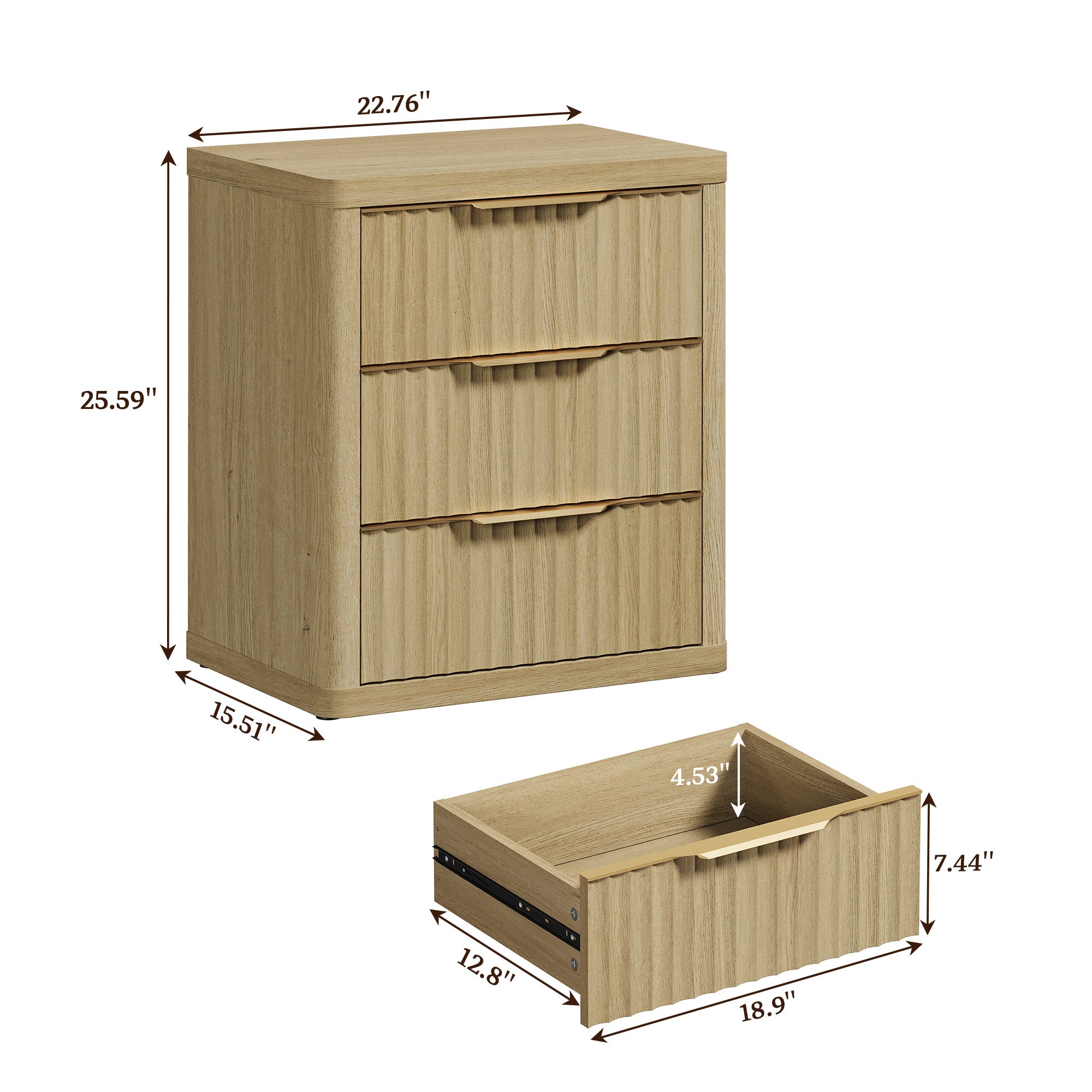 Cas 3 Drawers Nightstand with Golden Handle