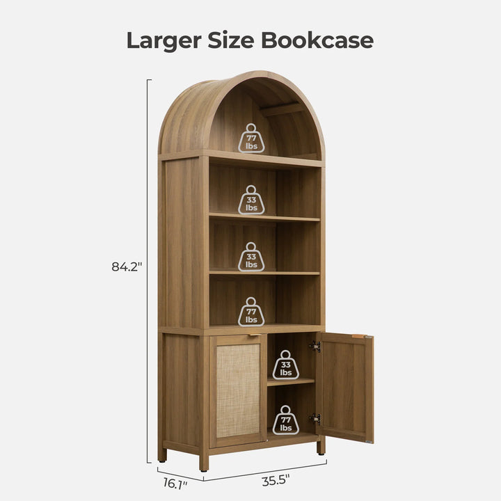 Tall arched wood bookcase with cabinet, load capacity and dimensions labeled