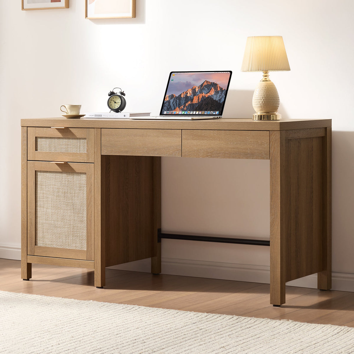 Savanna 55-Inch Wide Vanity Table, Makeup Storage - Reclaimed Caramel Oak - 2 Pieces
