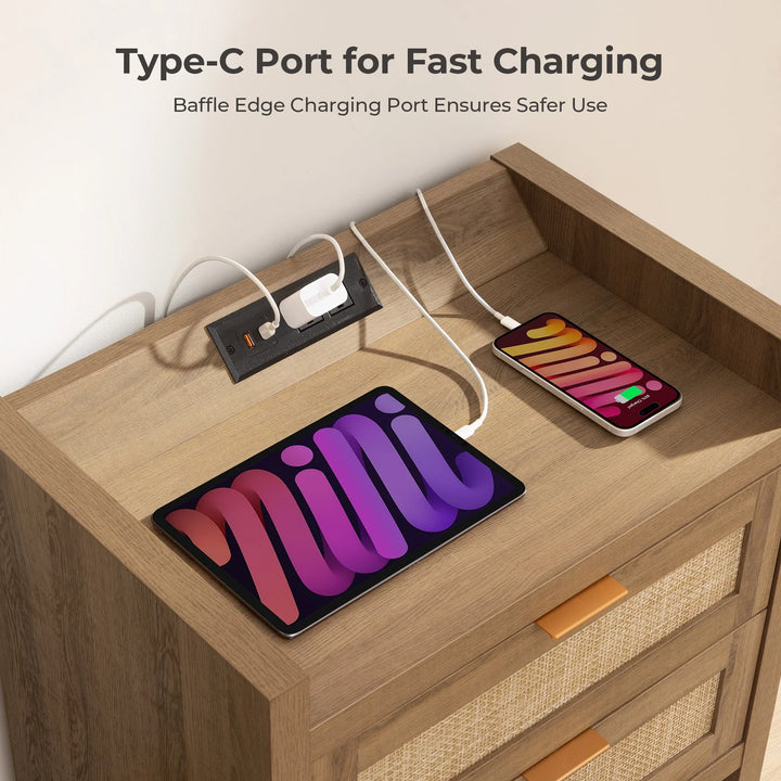 Type-C fast charging port on wooden nightstand charging tablet and smartphone