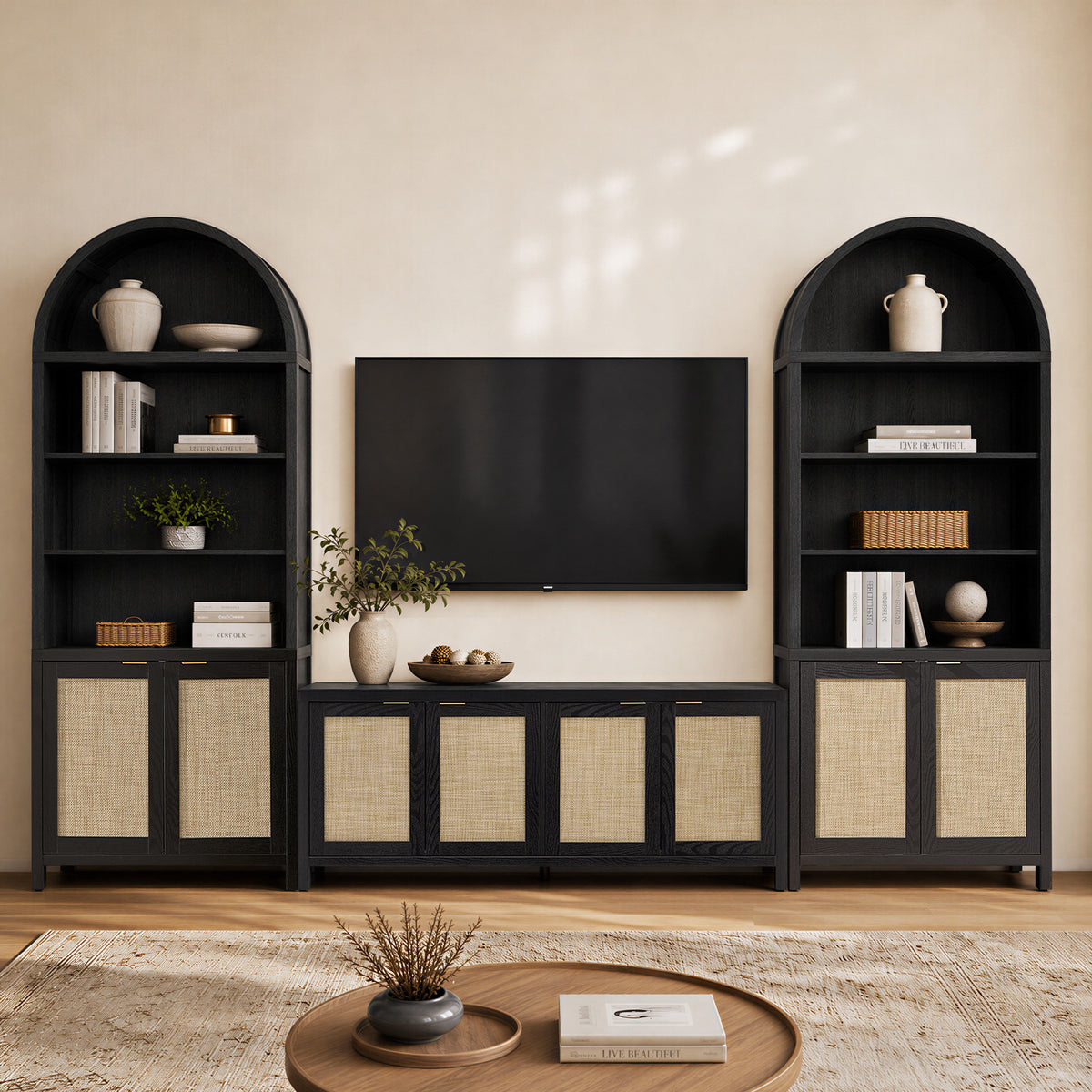 SICOTAS 2 Piece Farmhouse Living Room Furniture Set – TV Stand & Arched Display Cabinets,Rattan Storage Cabinet