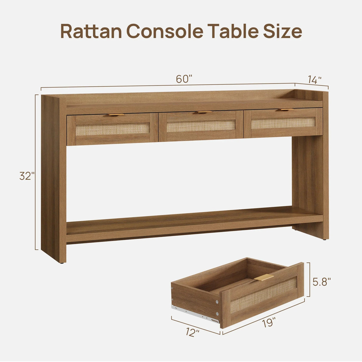 Savanna Rattan Console Table, 32'' Tall, Large Storage