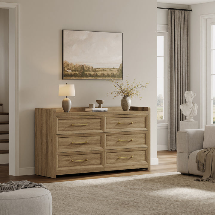 SICOTAS Helio 6 Drawers Dresser Brown Oak 56.4Inch Wide Chest of Drawers Modern Dresser for Bedroom, Storage Chest Cabinet for Home