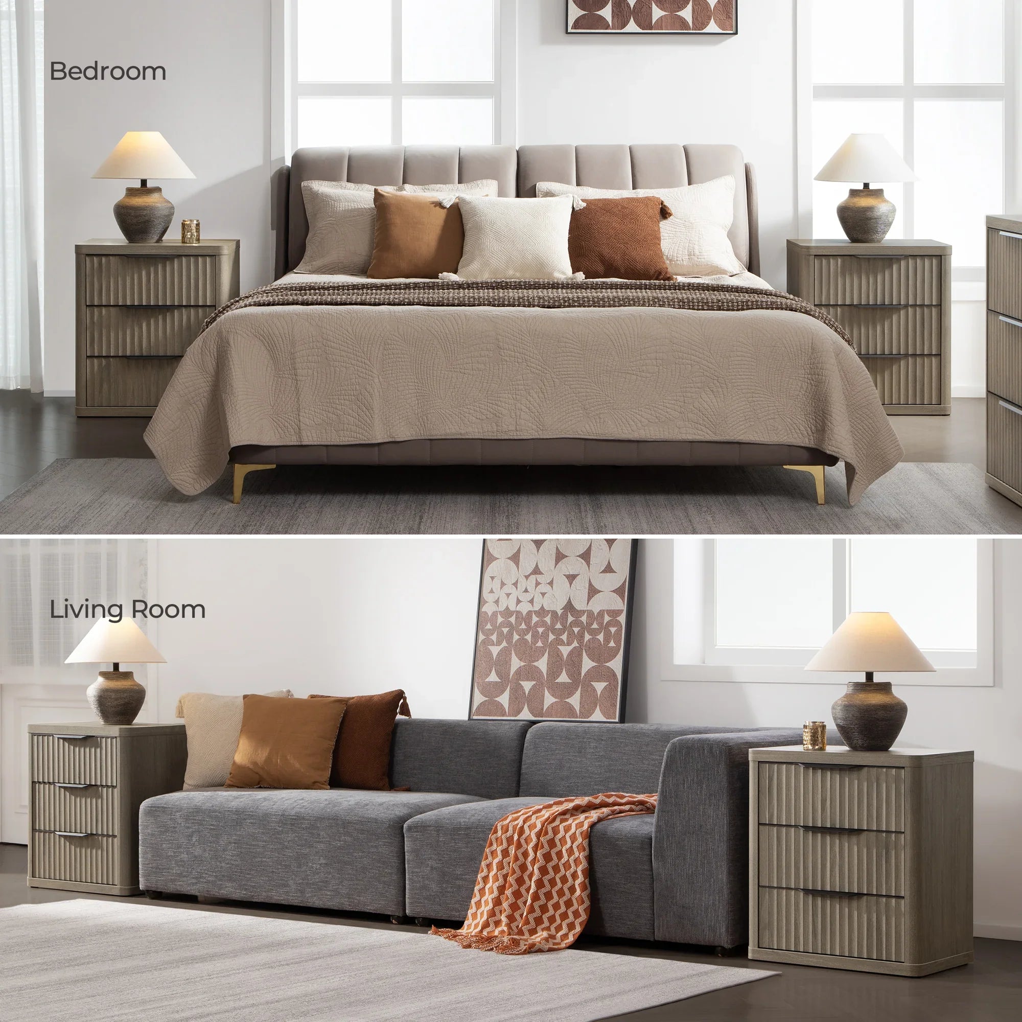 Stria Chest of 6 Drawers and Cas Night Tables Set