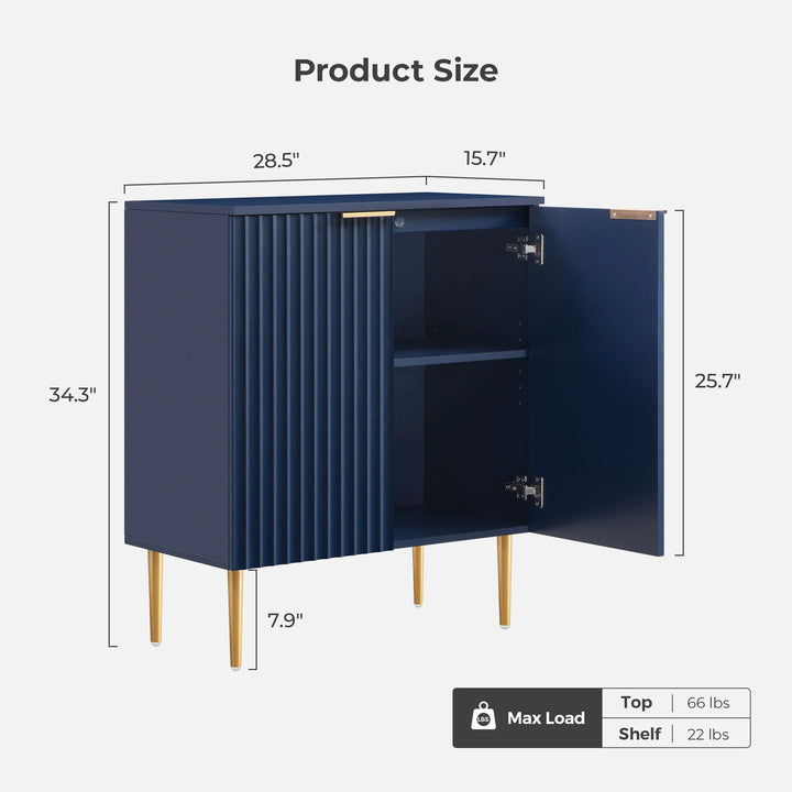 Blue cabinet with gold legs, open door, inner shelf, product dimensions and max load shown.