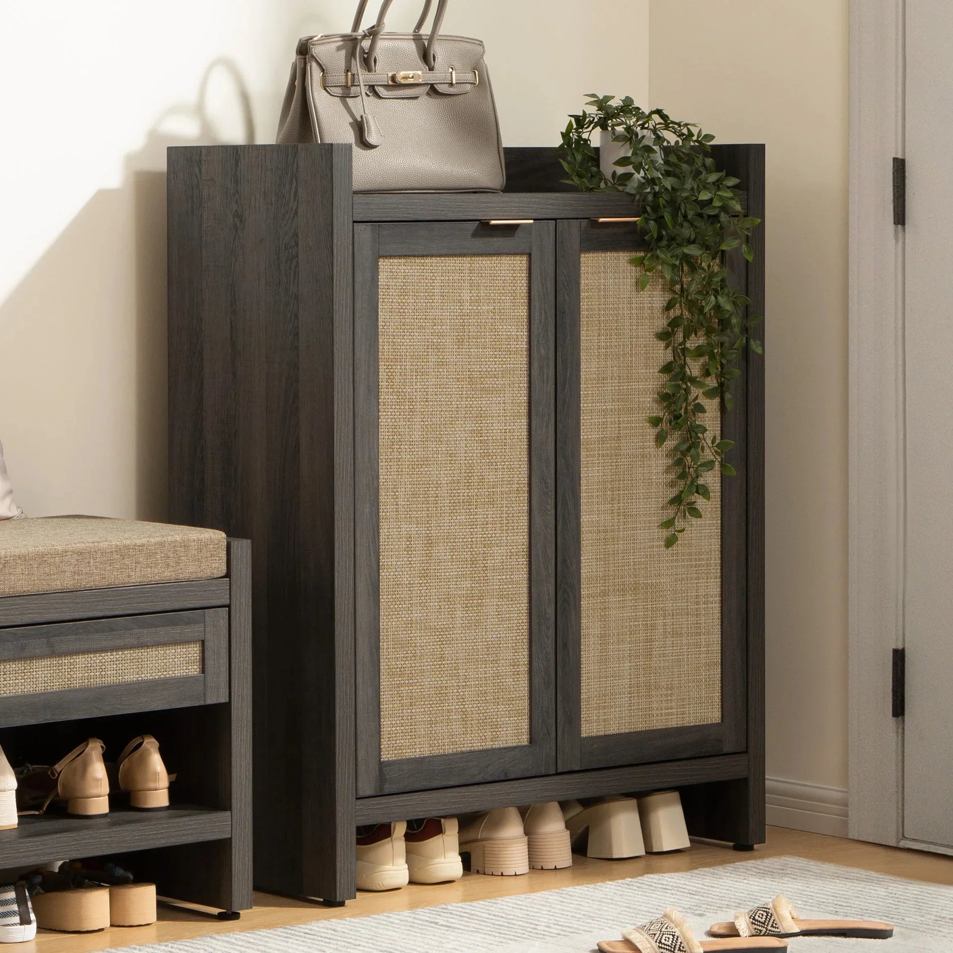Modern entryway with dark wood shoe cabinet, rattan doors, handbag, and potted plant on top