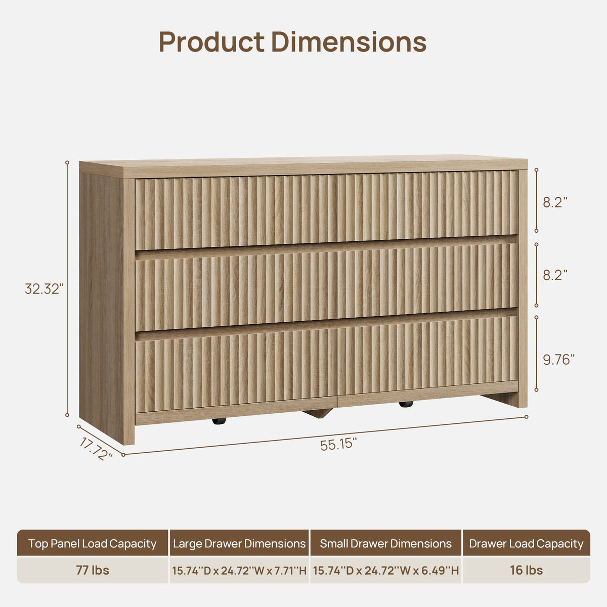 Prelude Modern Dresser with 6 Drawers, 55-Inch Wide