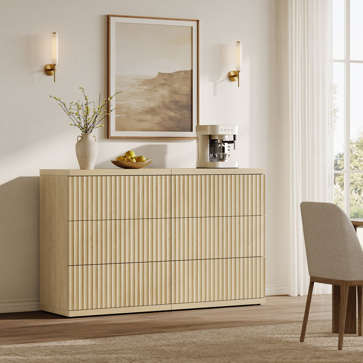 Stria Fluted Sideboard Cabinet with Storage, 3 Drawers, Set of 2