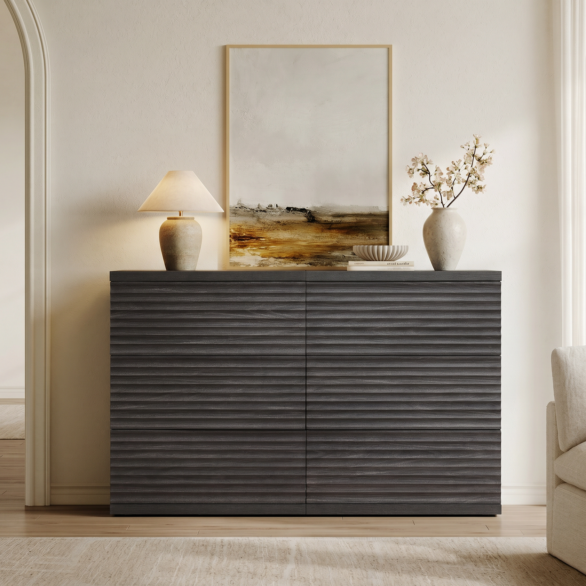 SICOTAS Modular 6-Drawer Dresser for Bedroom, Fluted Chest of Drawers for Bedroom Storage, Dark Grey Alder