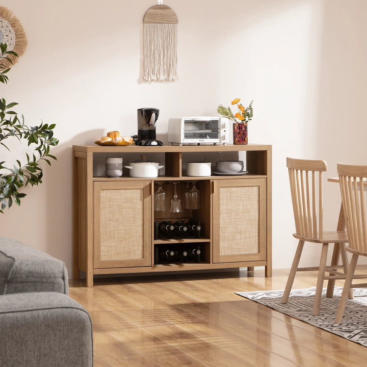 Modern wooden sideboard with rattan doors, coffee maker, toaster oven, kitchen decor