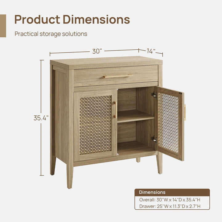 Wooden storage cabinet with rattan doors, one drawer, and dimensions 30x14x35.4 inches