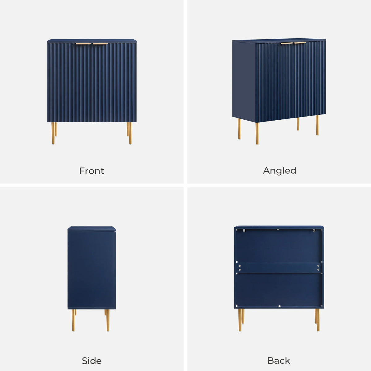 Modern navy blue cabinet with gold legs shown front, side, back, and angled views