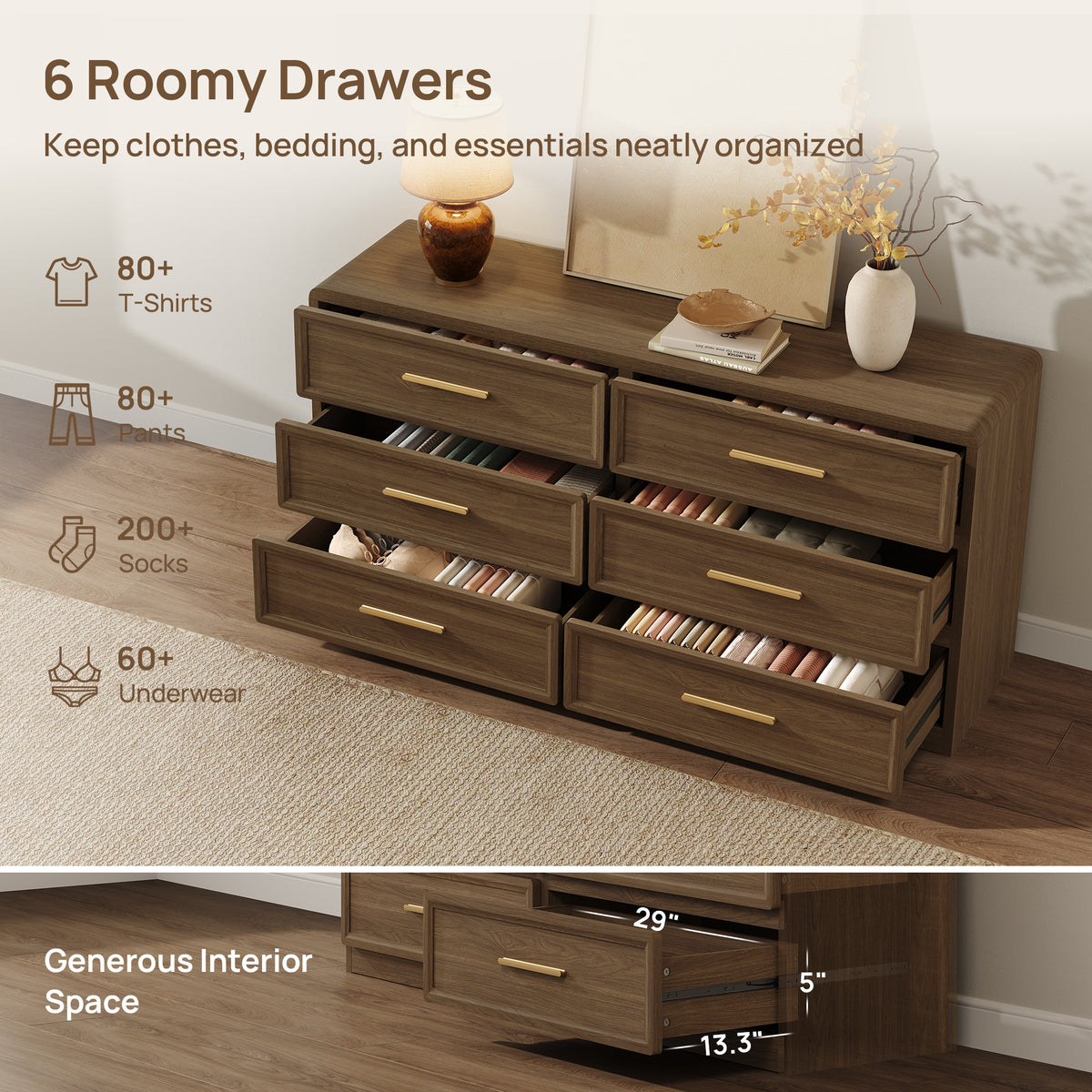 Crescent 64'' Wide 6-Drawer Dresser, Large Storage