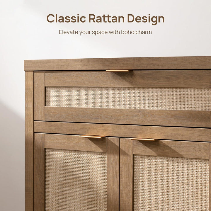 Wooden cabinet with classic rattan design and gold handles against a neutral wall