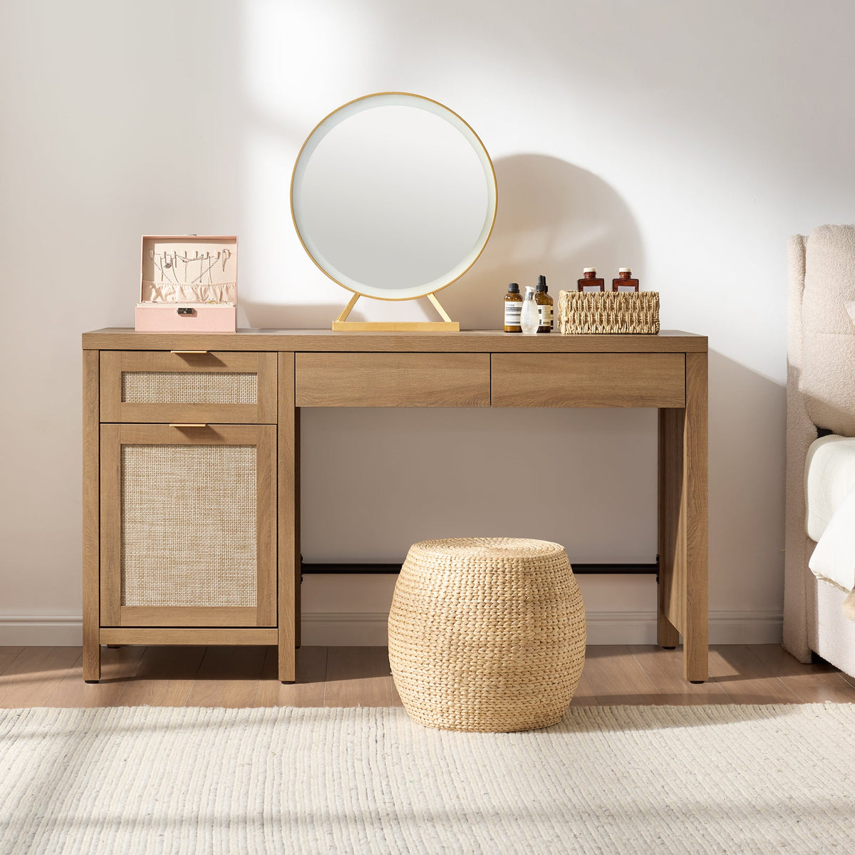 Savanna 55-Inch Wide Vanity Table, Makeup Storage - Reclaimed Light Oak - 2 Pieces