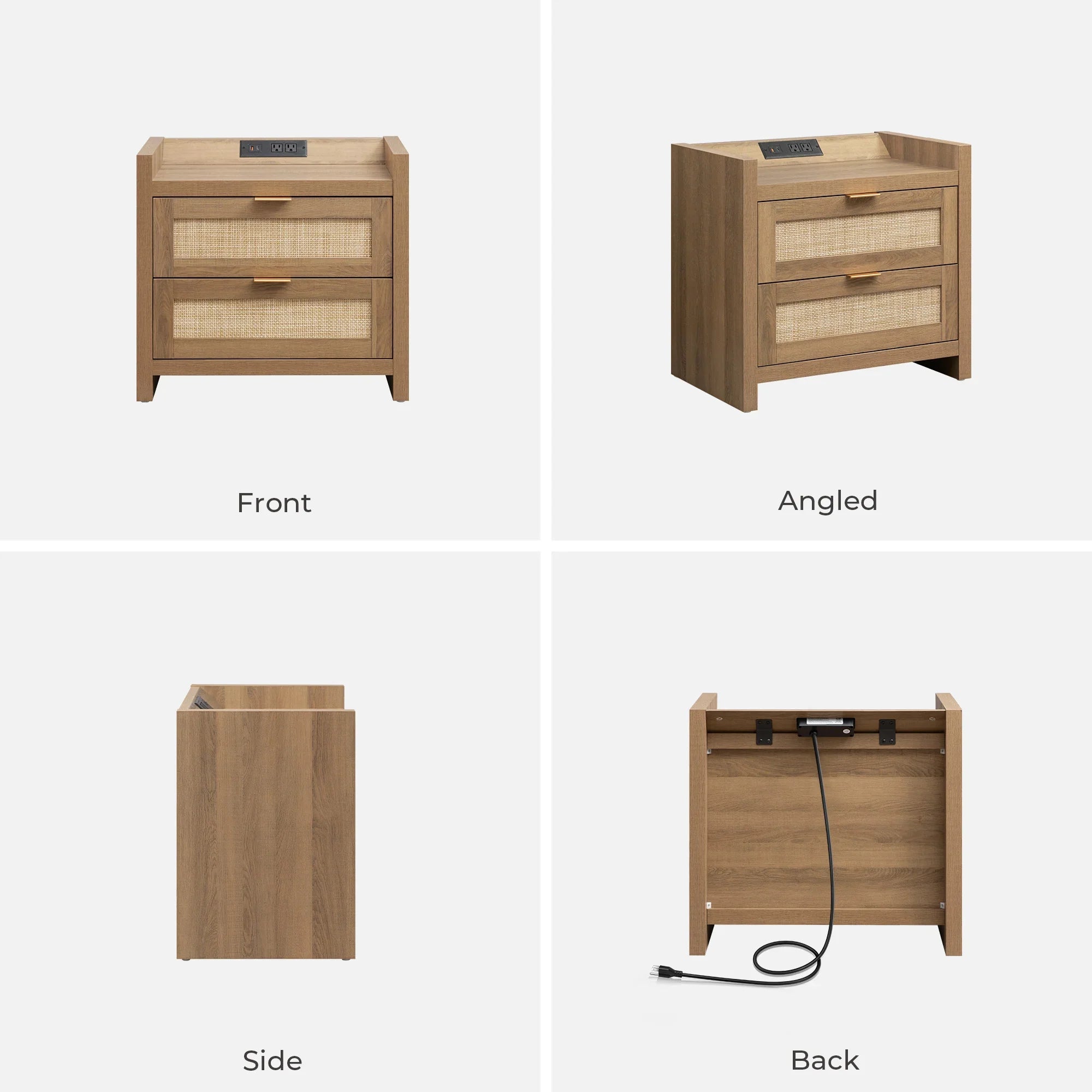Modern wood nightstand with two rattan drawers, USB charging panel, and power cord, shown from front, angled, side, and back views.