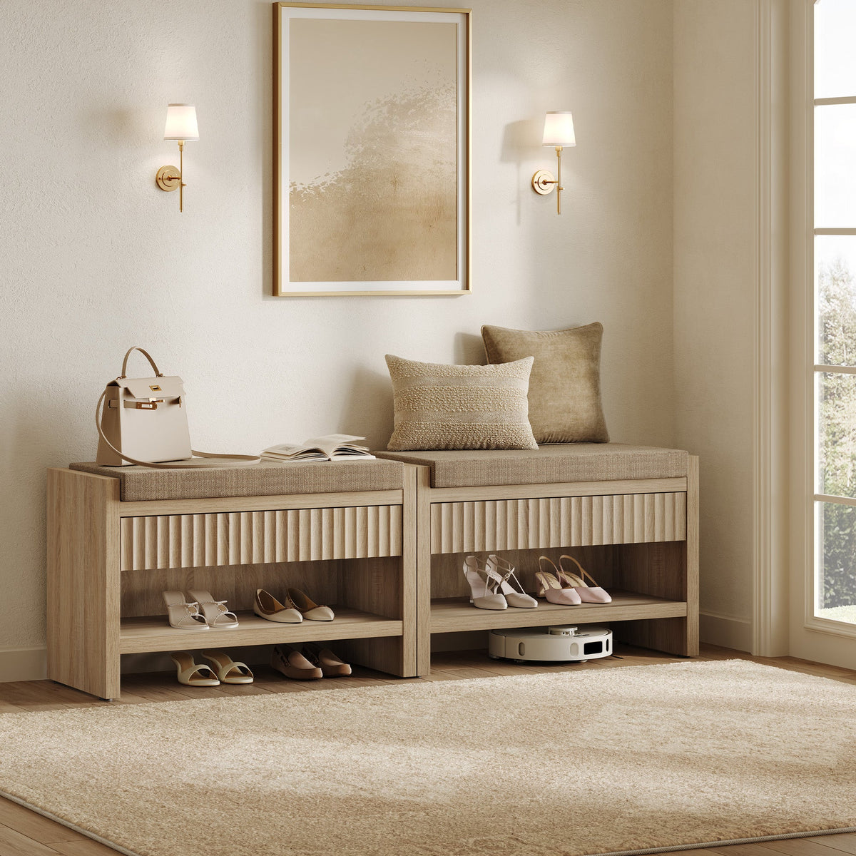 Prelude Upholstered Shoe Storage Bench for Entryway, Set of 2