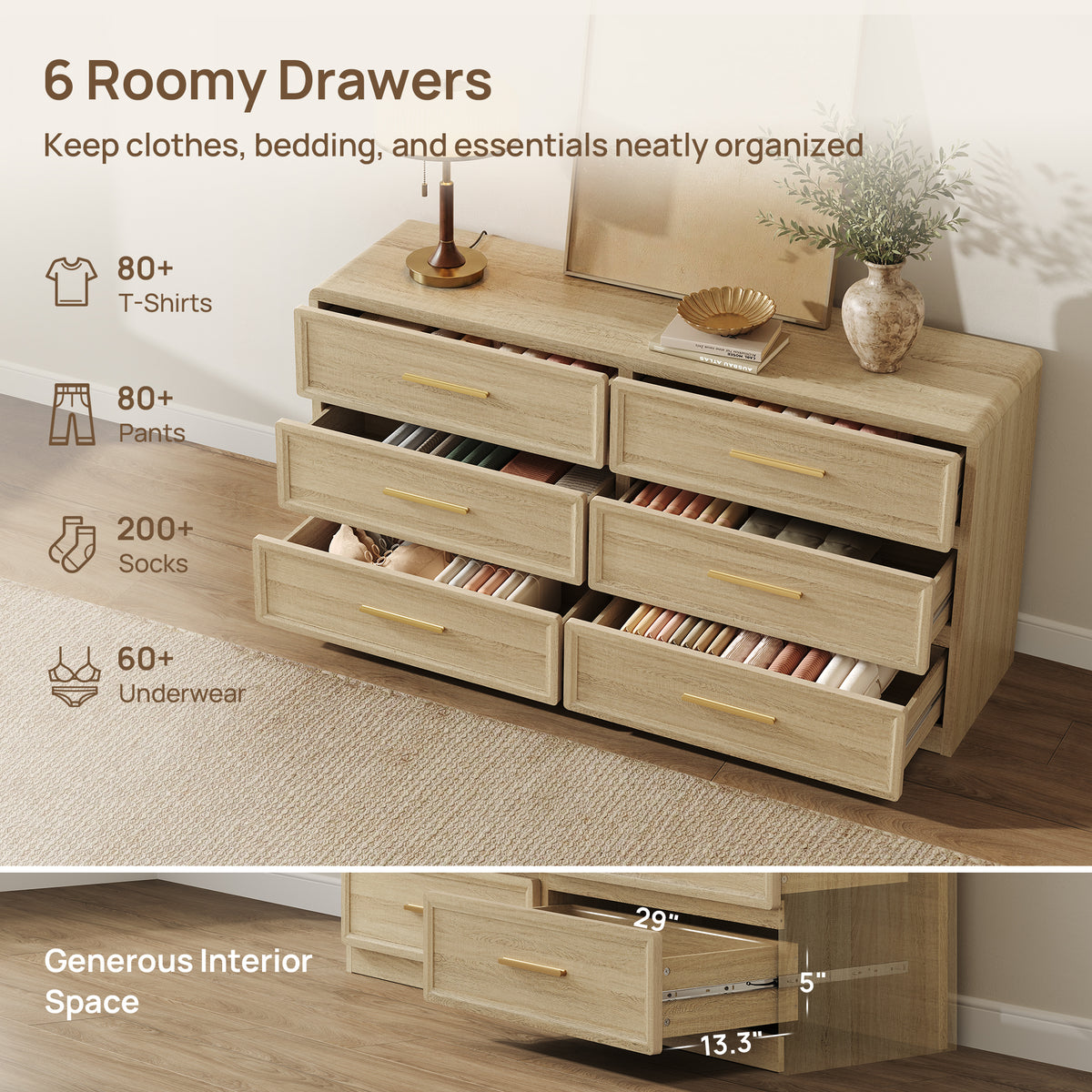Crescent Large 6-Drawer Dresser, Set of 2