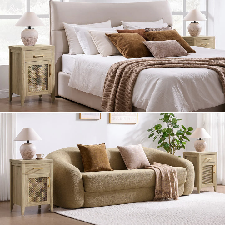 Modern bedroom and living room with beige furniture, woven nightstands, and ceramic lamps