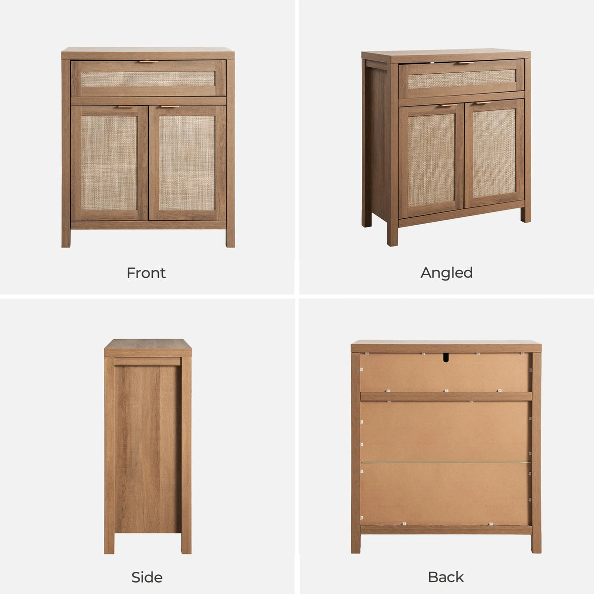 Wood storage cabinet with rattan doors, shown front, angled, side, and back views.