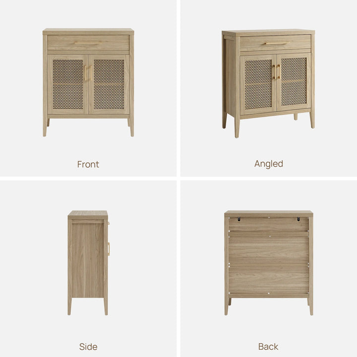 Light wood accent cabinet with rattan doors, shown front, angled, side, and back views