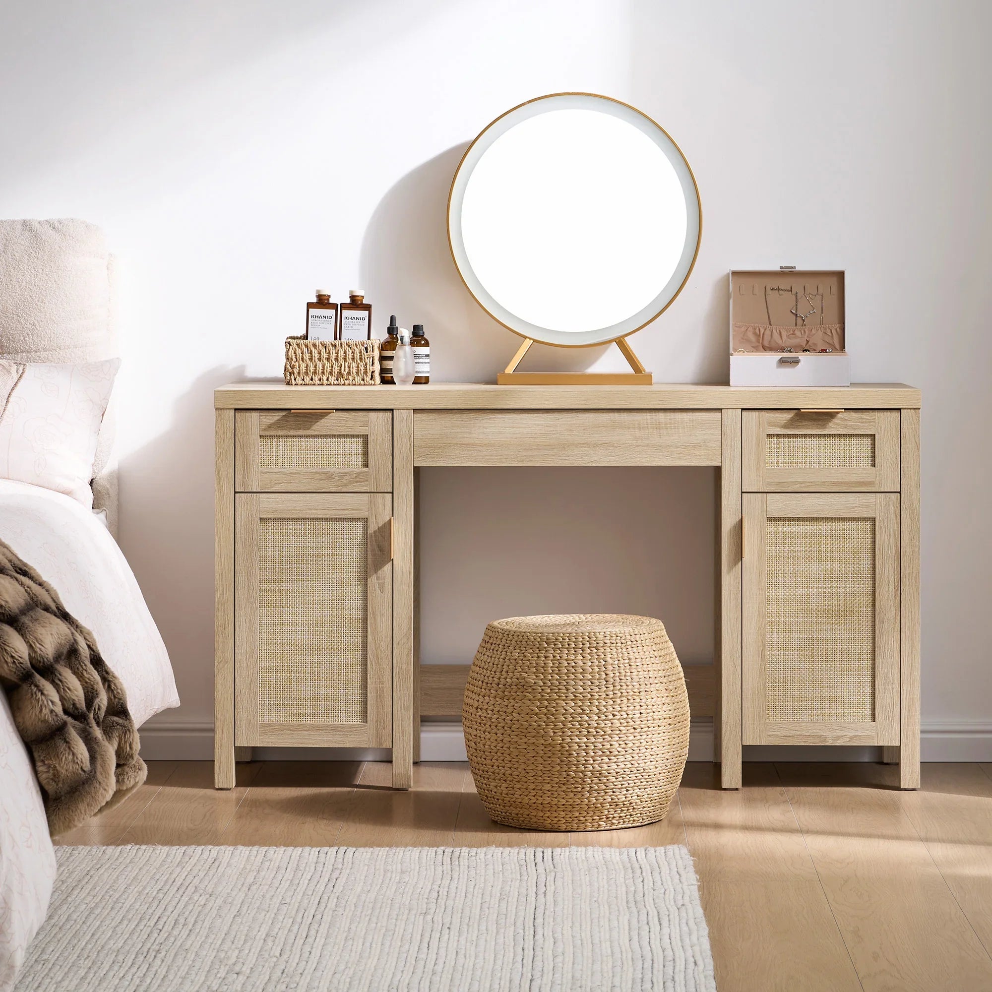 SICOTAS BOHO Vanity Desk with 2 Drawers and Storage, Rattan Vanity Table with Drawers and Storage Cabinets, Farmhouse Dressing Table for Room