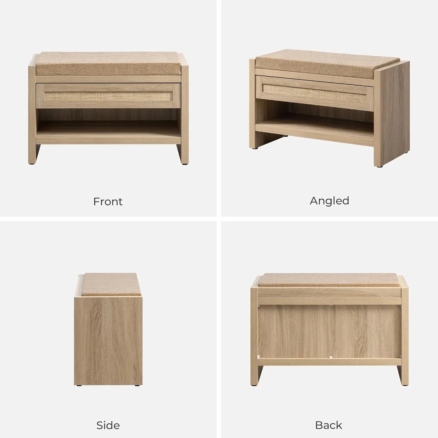 Light wood entryway bench with drawer, open shelf, and cushion shown front, angled, side, back