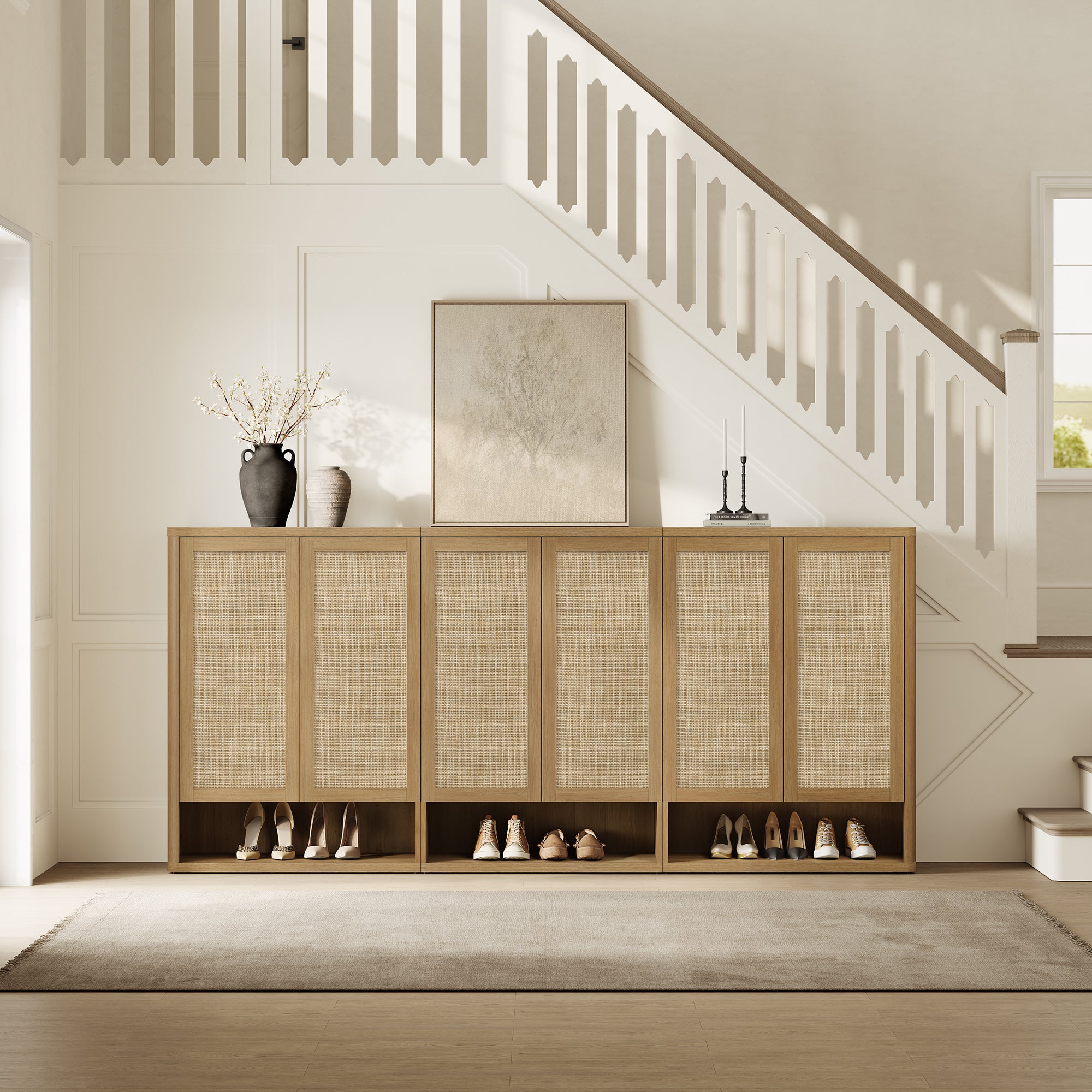 Zura Modern 3-Piece Rattan Shoe Cabinet, 70 Pairs