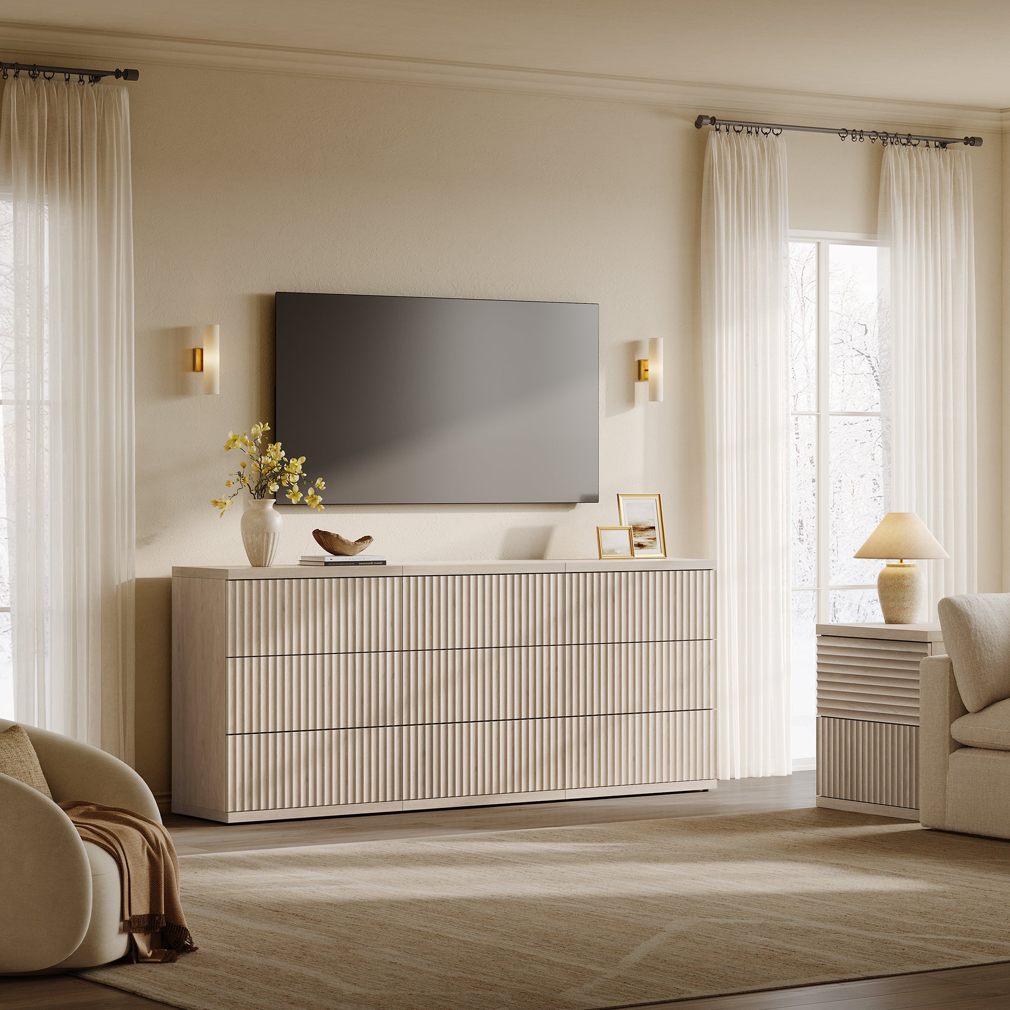 Stria Fluted Sideboard Cabinet with Storage, 3 Drawers