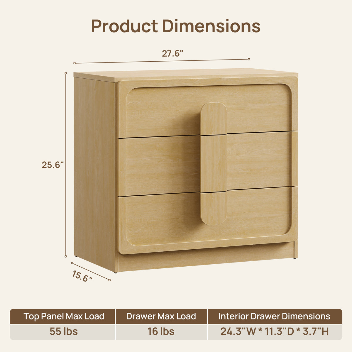 Arcus Nightstand with 3 Drawers, Arched Handles