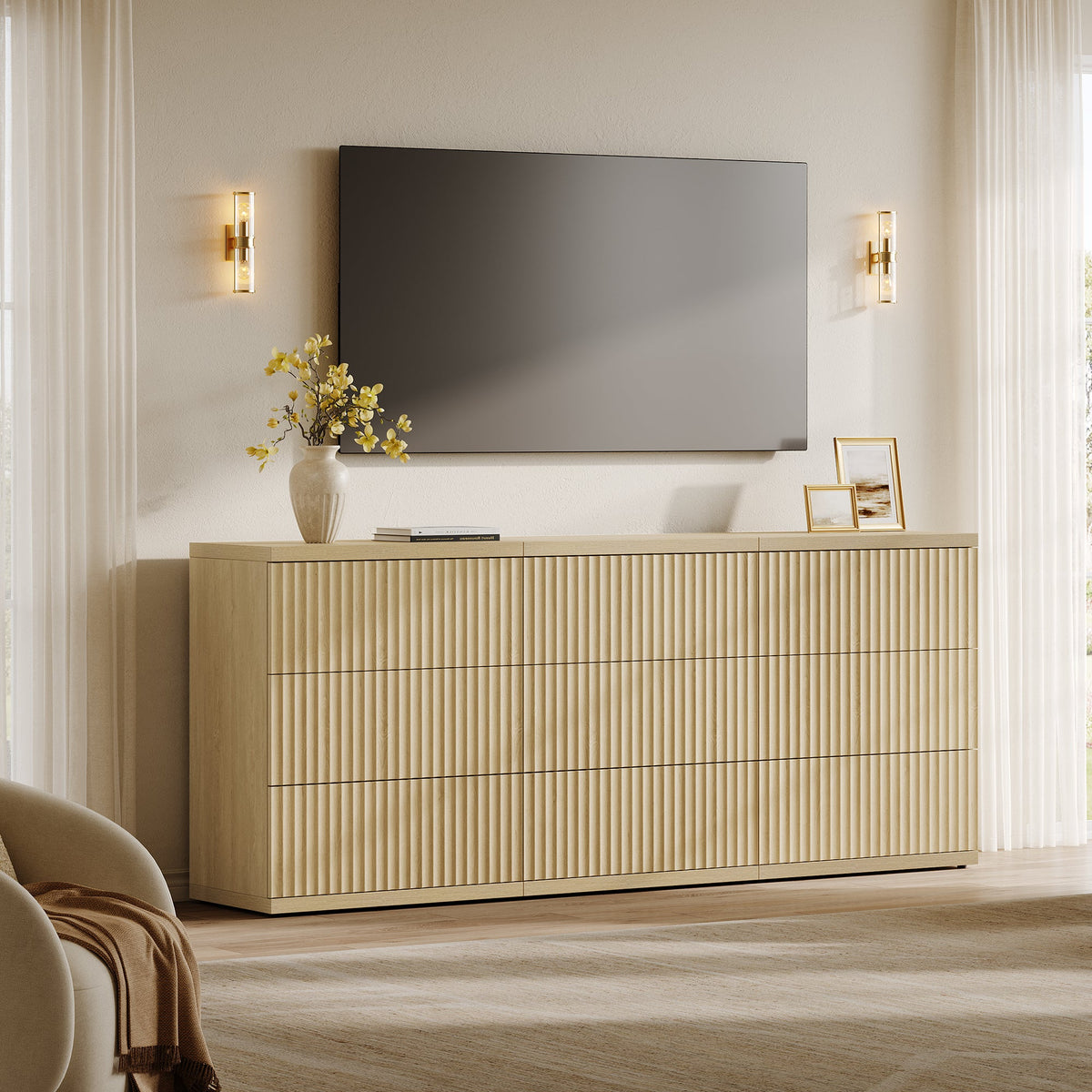 Stria Fluted Sideboard Cabinet with Storage, 3 Drawers, Set of 3