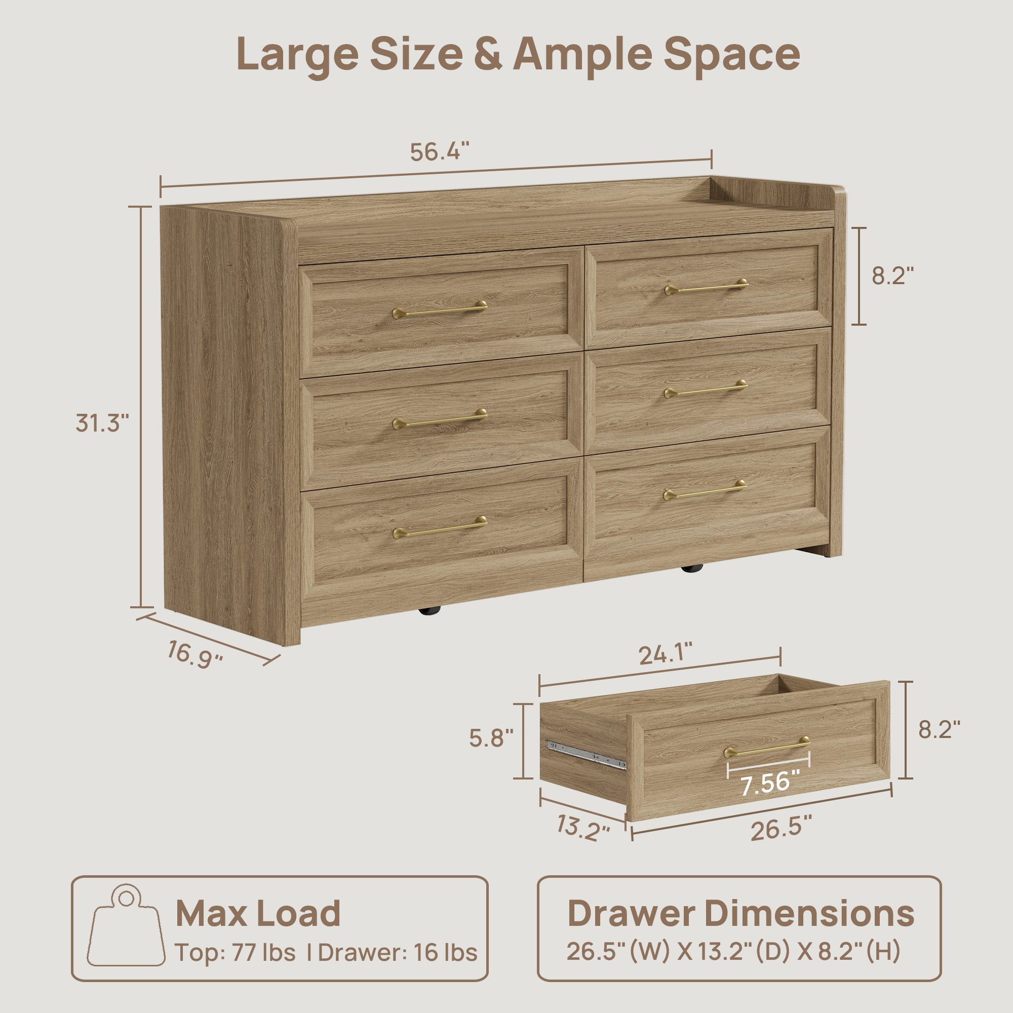 Helio 6-Drawer Dresser and Nightstands Set For Living Room