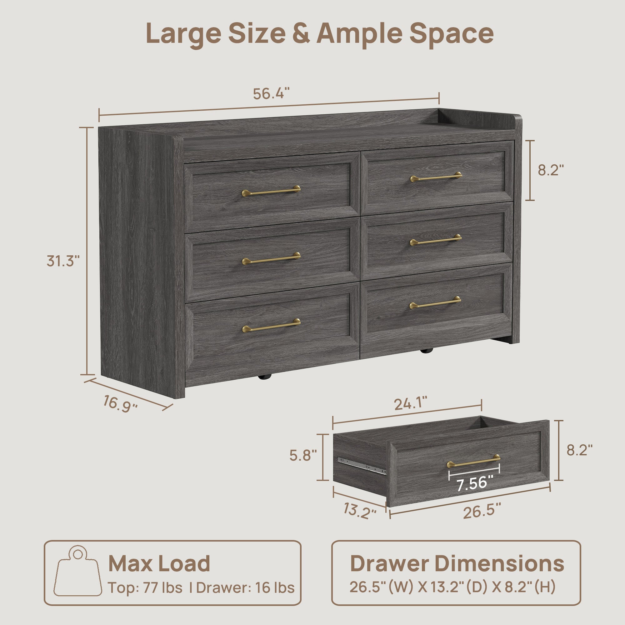 Helio 6-Drawer Dresser and Nightstands Set For Bedroom
