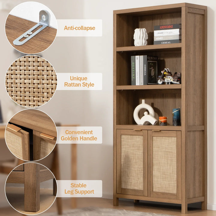 Tall wooden bookshelf with rattan cabinet doors, golden handles, and anti-collapse bracket.