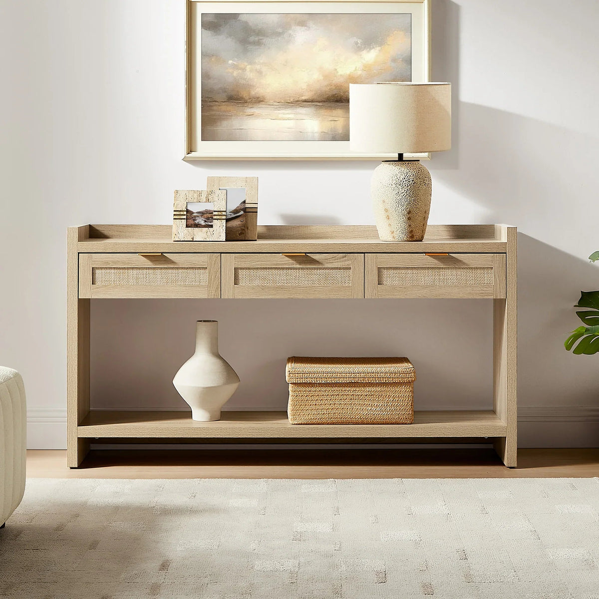 Savanna Rattan Console Table, 32'' Tall, Large Storage