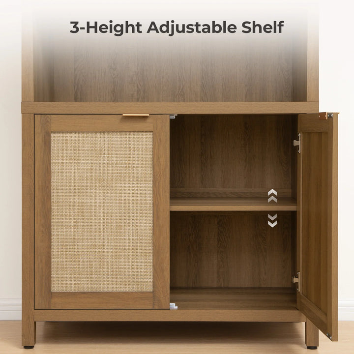 Wood cabinet with 3-height adjustable shelf and rattan door panel, open to show interior.