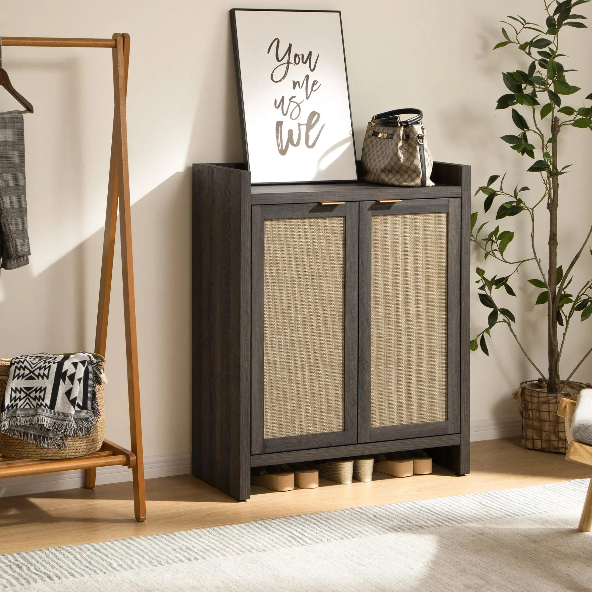 Modern wood storage cabinet with rattan doors in a cozy entryway with decor and plants
