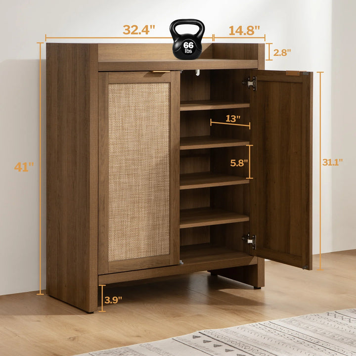 Brown wooden storage cabinet with rattan door and shelving, detailed with measurements in inches.
