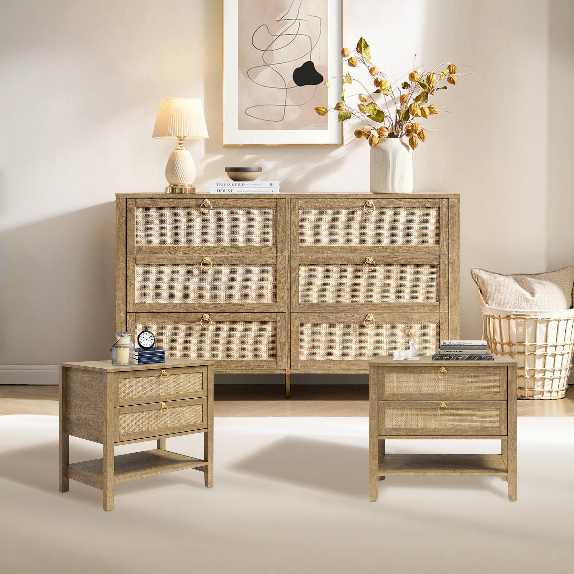 Terra 6 Drawers Dresser And White Cream Oak Nightstands Sets