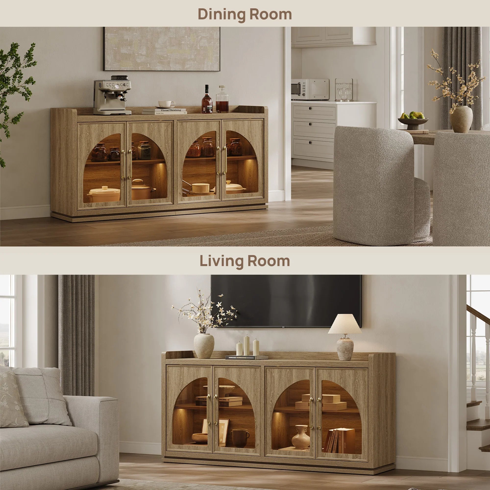 Light wood-colored wooden sideboard with arched glass doors, interior lighting, and decorative items on top, used in living or dining areas.