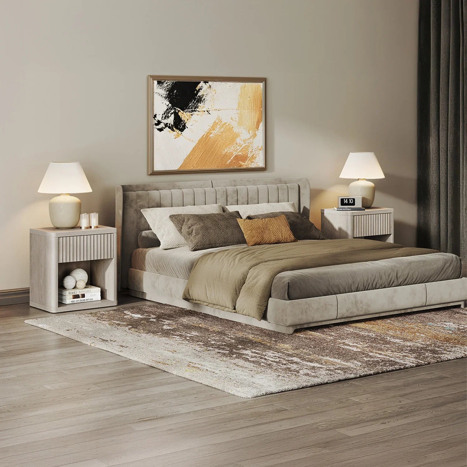 Modern neutral bedroom with upholstered bed, abstract wall art, and soft area rug