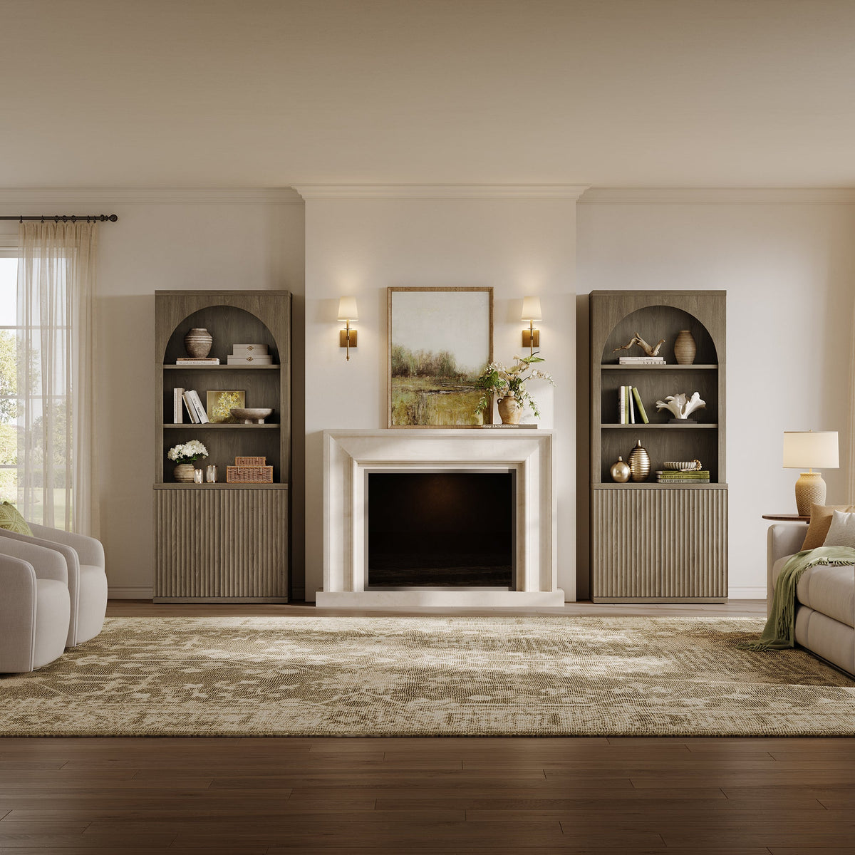 Stria Arched Bookcase with Fluted Cabinet Doors, Set of 3