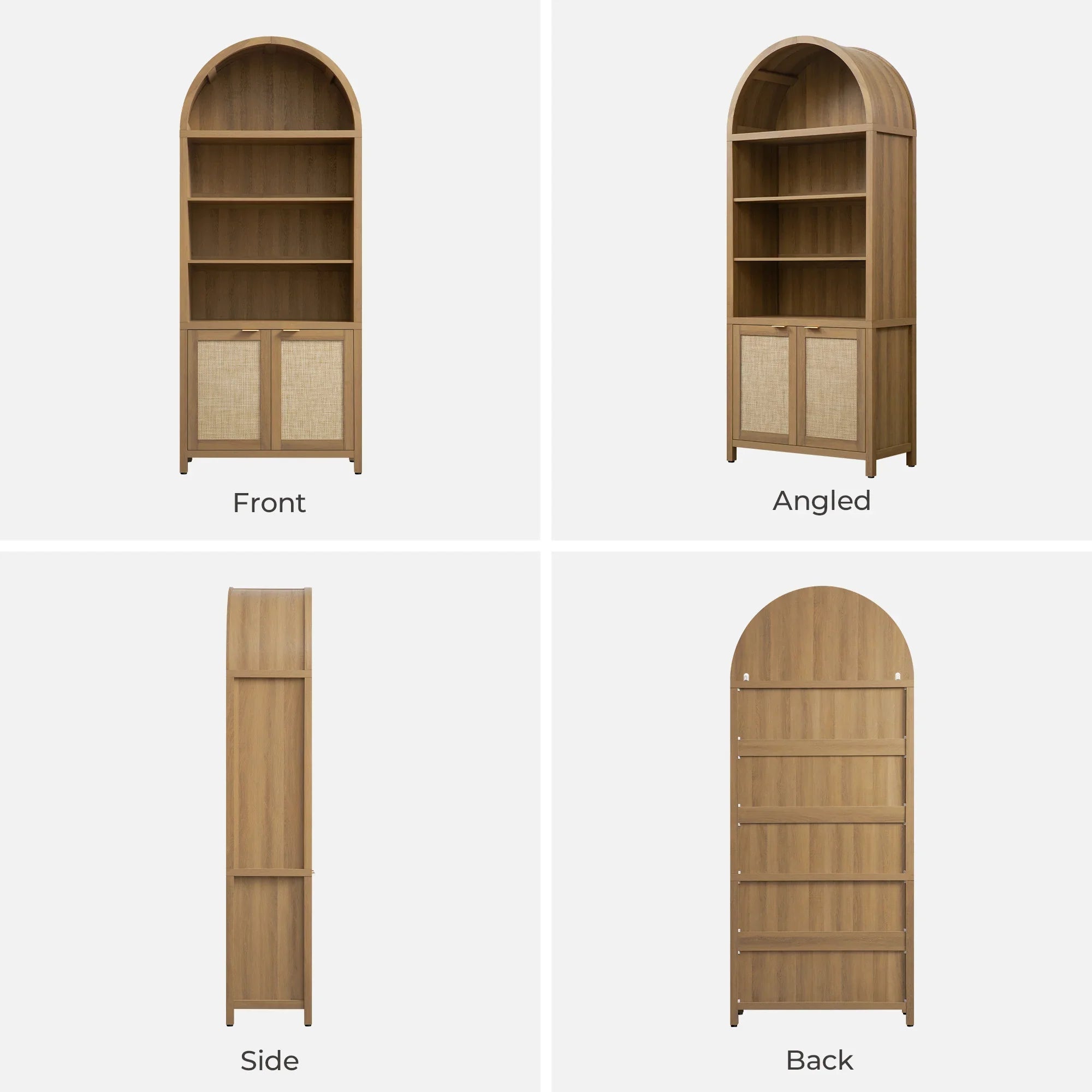 Arched wood bookcase with rattan cabinet doors, shown front, angled, side, and back views