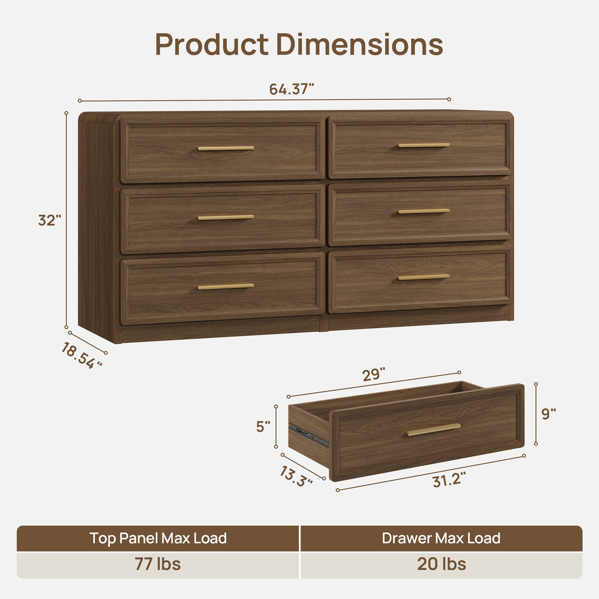 Crescent 64'' Wide 6-Drawer Dresser, Large Storage