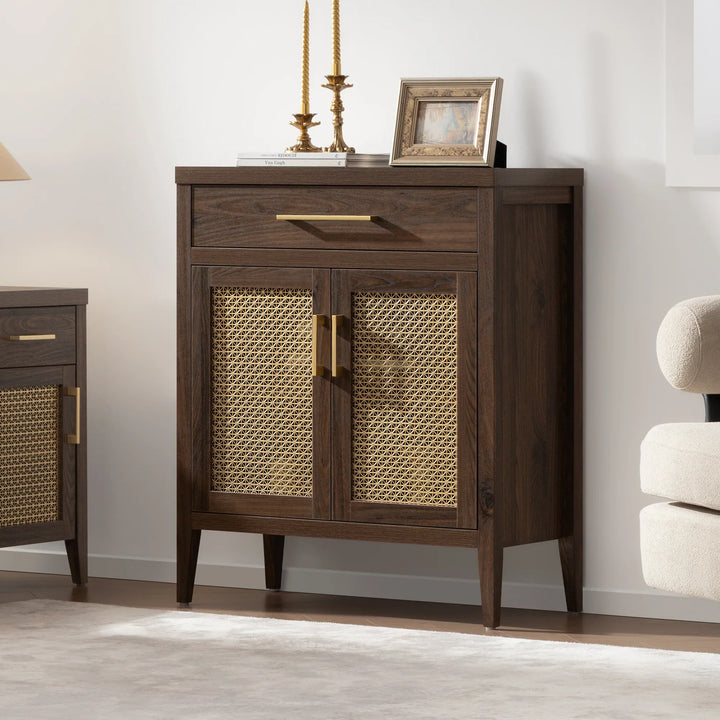 Mid-century modern wood cabinet with cane doors, gold handles, and decorative accents